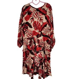 H&M Johanna Ortiz Dress Red Beige Floral Leaves Print Ruffles Short Sz L Open